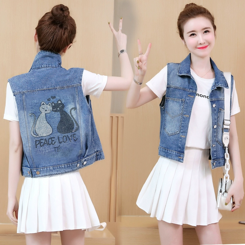 Vest vest nữ mùa xuân và mùa hè ngắn phần béo MM vest vest rộng kích thước lớn của phụ nữ hoang dã denim không tay - Áo vest