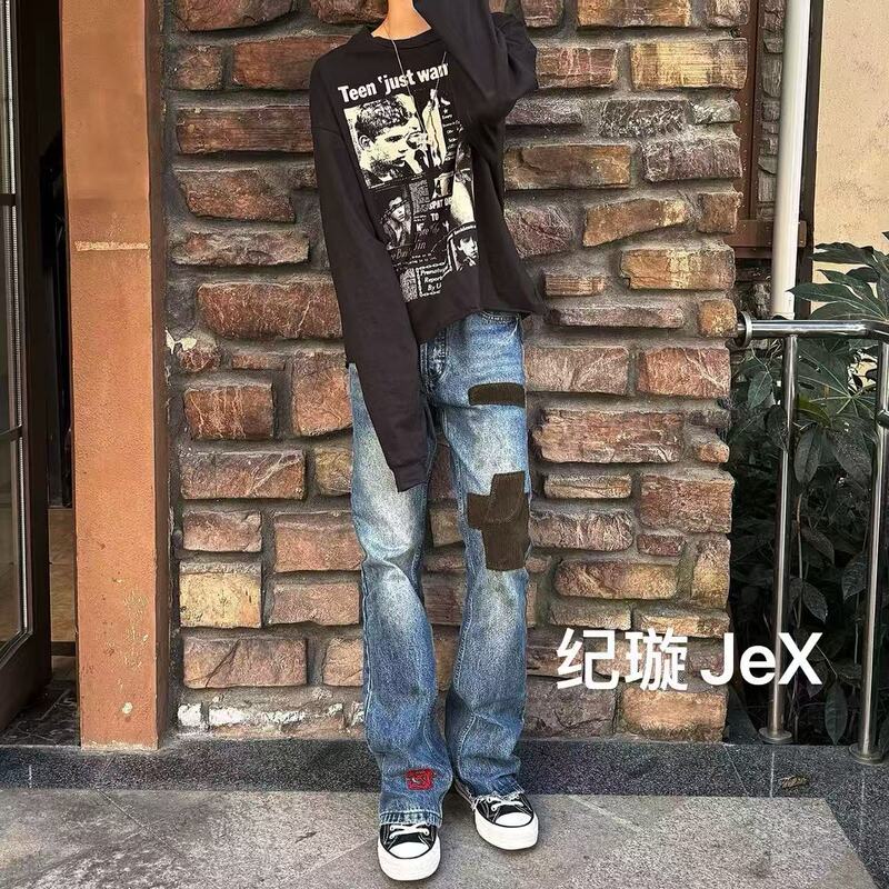 Jex Corduroy Patchwork Washed Vintage Jeans in a Melancholic Style, Unisex Straight-Leg Embroidered Flared Pants