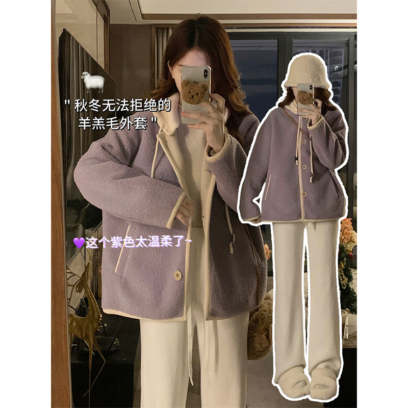 Korean Style Thick Lamb Wool Short Coat for Petite Women, New Autumn and Winter Fleece-Lined Leather and Fur Integrated Casual Cotton Jacket