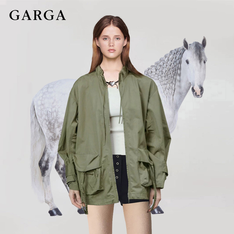 Zhao Lusi and Xu Yan's Same Style Military Green Workwear Trench Coat for Women, Loose Mid-Length Windbreaker Jacket for Spring