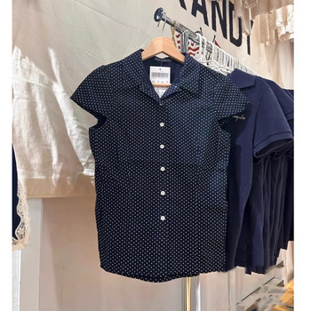 Brandy girl new bm navy blue shirt polka dot lapel button short-sleeved t-shirt top for women
