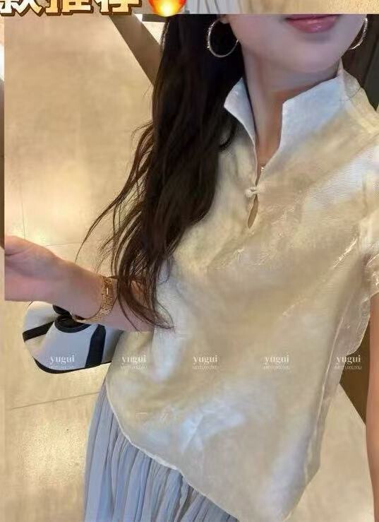 Jf Summer New Fashion Stylish Versatile Slim-Fit Stand-Collar Short-Sleeve Shirt for Women, Loose Fit, Slimming and Age-Reducing Top
