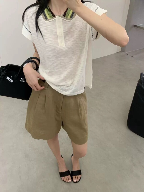 Muyu High-Quality Summer New Style Colorful Striped Lapel Fashion Versatile Slim-Fit Short-Sleeve T-Shirt for Women Casual Age-Reducing Top Muyu High-Quality Summer New Style Colorful Striped Lapel Fashion Versatile Slim-Fit Short-Sleeve T-Shirt for Women Casual Age-Reducing Top