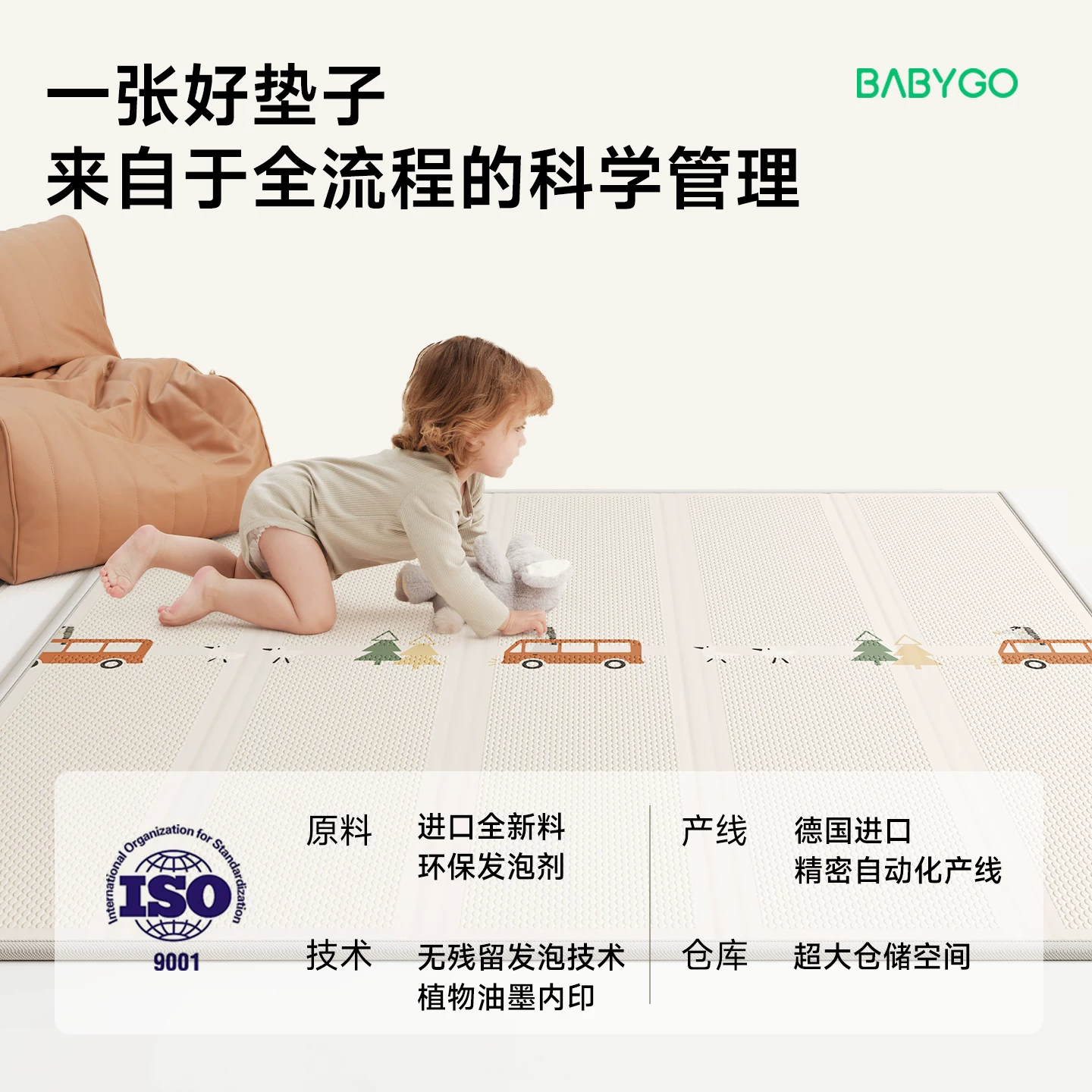 Коврик для ползания для младенцев BABYGO маленький зеленый складной с ядром, утолщенный, без формальдегида, нетоксичный и без запаха, XPE коврик для ползания