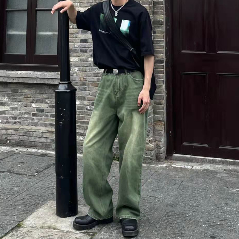 American Vintage Washed Retro Green Jeans for Men, Loose Straight-Leg Cleanfit Wide-Leg Floor-Length Pants