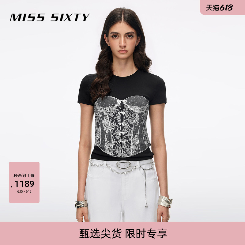 Miss Sixty2026 New Summer Short-Sleeved T-Shirt for Women, Round Neck, Illusion Lace Print, Beaded Short Top