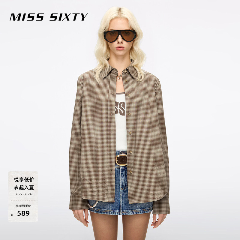 [Same Style as Yang Mi] Miss Sixty 2026 Spring/Summer Long-Sleeved Shirt for Women, Retro Plaid Cotton Top, Mid-Length