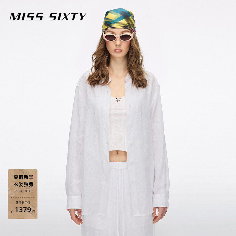 【Linen】Miss Sixty26 Summer New Women's Shirt with Turn-Down Collar, Heavy Beading, Loose Thin Top 【Linen】Miss Sixty26 Summer New Women's Shirt with Turn-Down Collar, Heavy Beading, Loose Thin Top