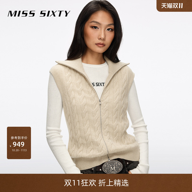 [100% Cashmere] Miss Sixty 2026 Autumn New Knitted Vest Women's Double Zipper Cable Knit Vest