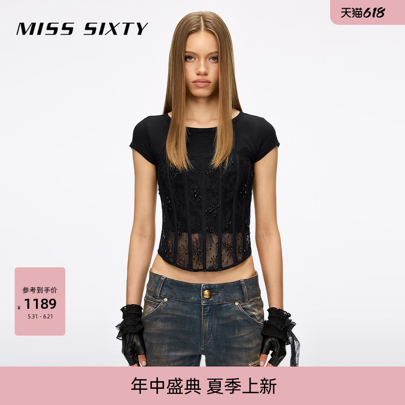 Miss Sixty2026 Spring New Short-Sleeved Shirt for Women Layered with Two-Piece Lace Beaded Bra Top
