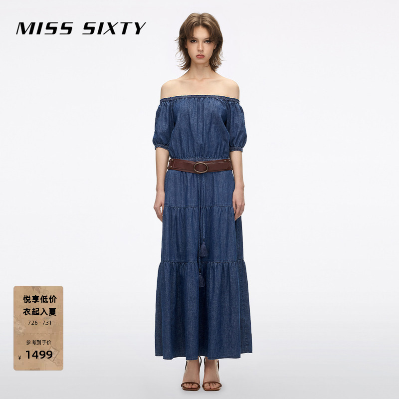 Miss Sixty2026 New Summer Denim Dress for Women, French Lace-Up Waist-Cinching Long Skirt with Belt Miss Sixty2026 New Summer Denim Dress for Women, French Lace-Up Waist-Cinching Long Skirt with Belt