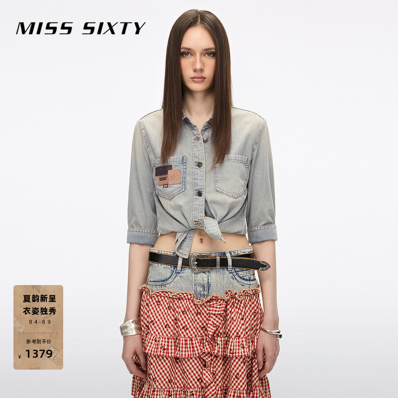 [Celebrity Style] Miss Sixty 2026 Summer New Denim Shirt for Women, Vintage Multi-Patchwork Mid-Sleeve Top