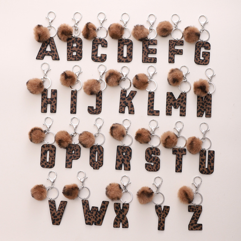 Western Cowboy Style Leopard Print Leather Keychain with Lettering, Car Pendant, Plush Ball Accessory, Cross-Border Amazon