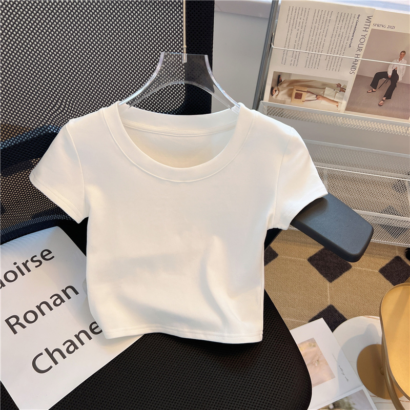 White Short-Sleeve T-Shirt for Women, New Summer Style, Regular Shoulder, Slim Fit, Unique Short Top, Round Neck, Pure Cotton, High Waist, Cropped