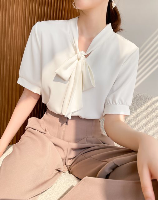 2022 summer new bow tie white chiffon shirt female professional OL temperament short-sleeved shirt top