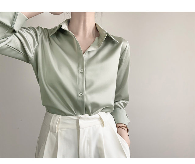 High-quality green satin shirt women's spring and autumn professional shirt design sense niche chic top 2022 new trend