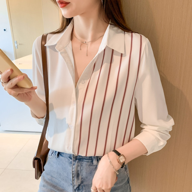 Western style casual 2022 autumn new women's lapel striped stitching chiffon shirt top shirt bottoming shirt shirt