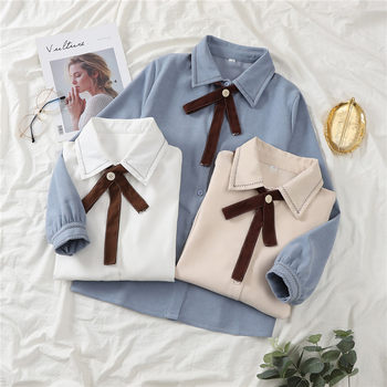 2022 spring new college style bow corduroy shirt women's long-sleeved top shirt design is niche