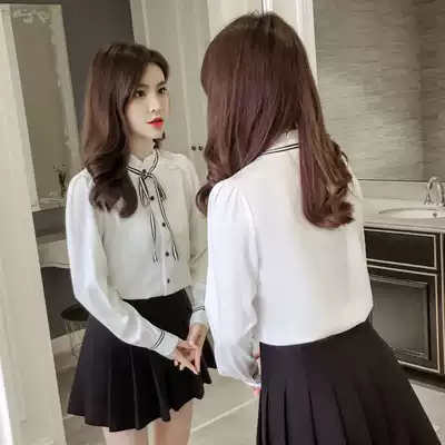2021 spring and autumn new long-sleeved ribbon chiffon shirt women's wooden ear edge stand-up collar shirt all-match bottoming top small shirt