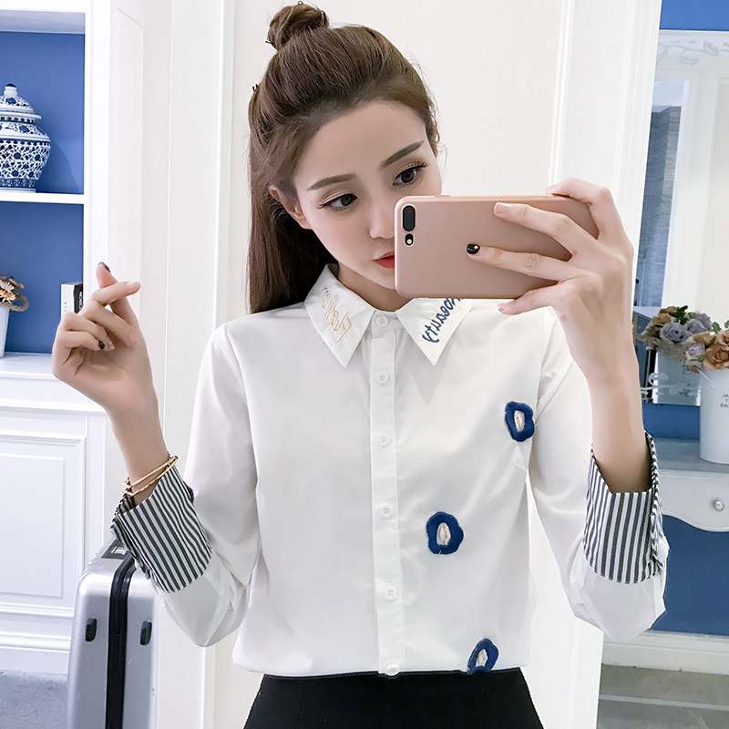 White shirt women's long-sleeved plus velvet 2022 spring and autumn Korean version loose all-match small fresh top thickened inner shirt