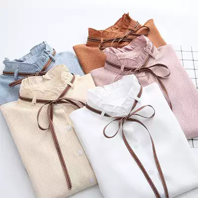 Stand-up collar lace-up bow long-sleeved shirt women's 2021 spring and autumn and winter fashion sweet wind shirt Korean version of wild top