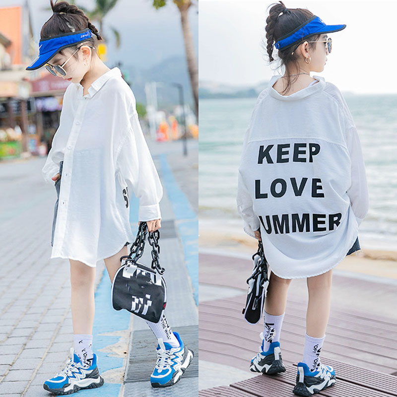 Girls ' medium and long version of sunscreen clothes open shirt spring and summer clothes Autumn thin breathable jacket Big girl shawl ice silk tide