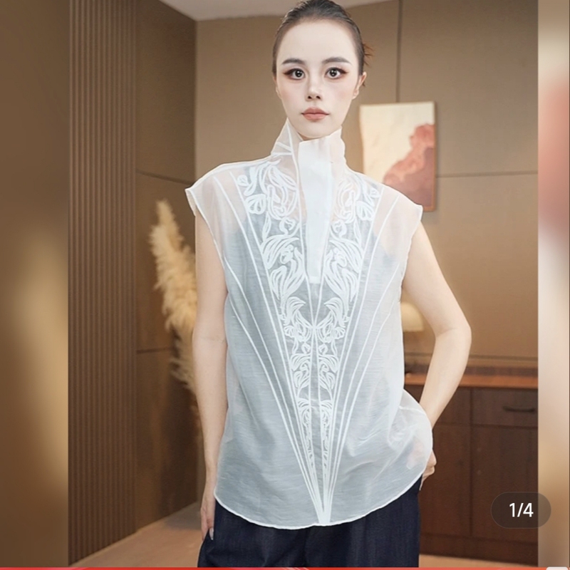 Celebrity-Inspired Sleeveless Versatile Women's 2026 Autumn/Winter New Season Fashion Base Embroidered Sheer Stand Collar Shirt Top