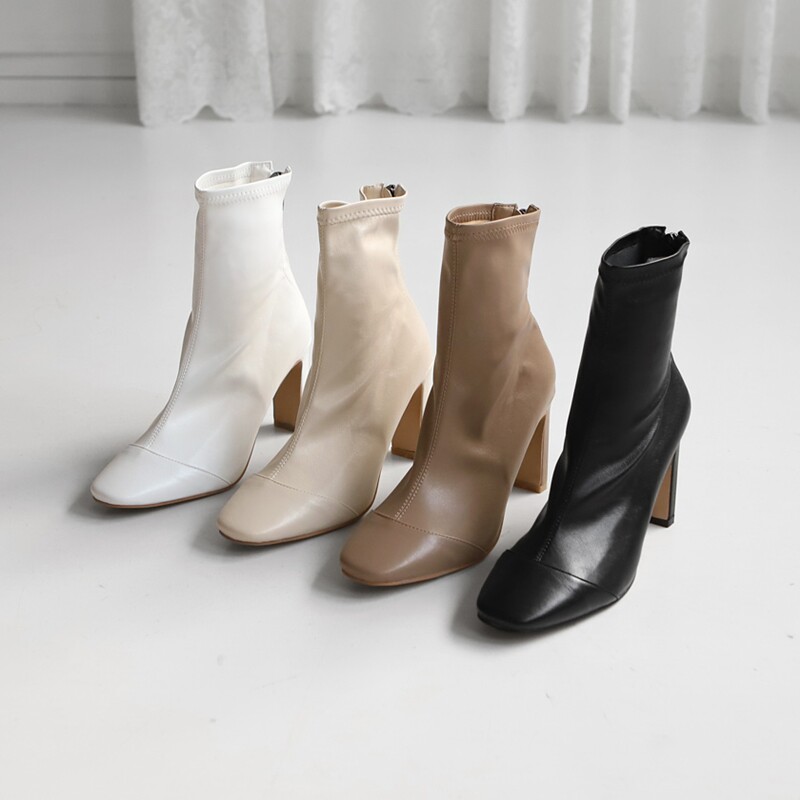 Net red with back zipper thin boots 2020 winter new round head stitching high-heeled stretch boots thick-heeled martin boots