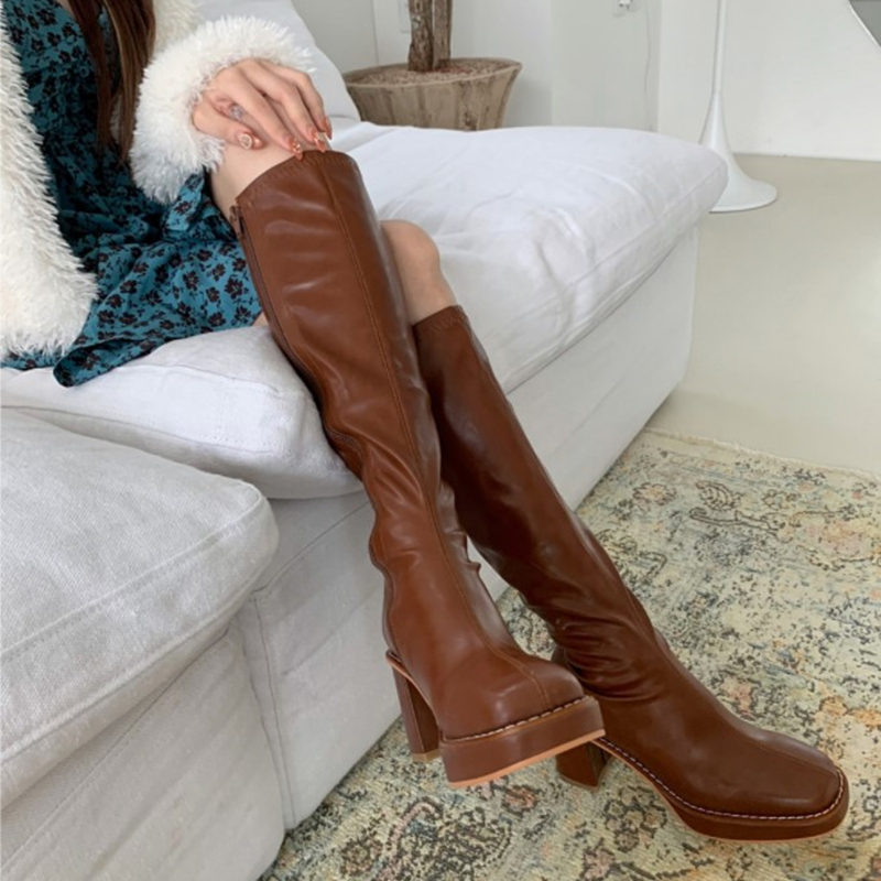 High-end production long boots women's height but knee boots square toe thick heel side zipper high boots