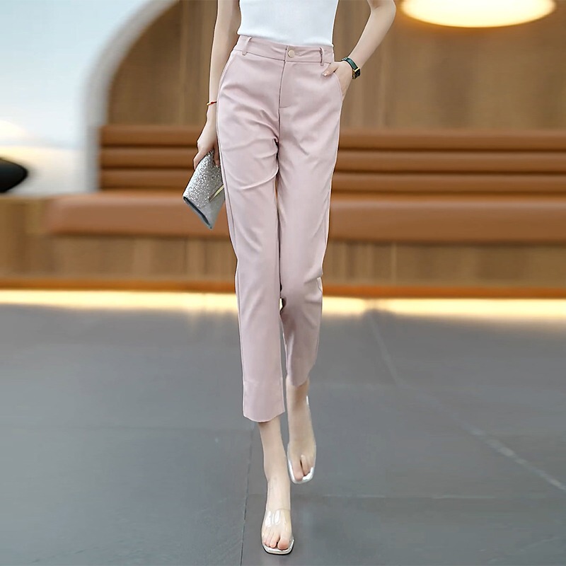 Pink Cropped Cigarette Pants for Women, Spring and Summer Thin Straight-Leg Baguette Pants, High-Waisted Slimming Casual Harem Pants