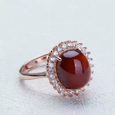 Garnet inlaid ring women's atmospheric diamond-set s925 silver garnet egg face live mouth adjustable