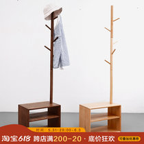 Solid wood clothes hat rack with changing shoes and stool integrated with cloakhat shelf floor minimalist juku furniture Nordic floor hanging clothes hanger