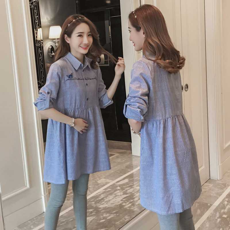 Pregnant women dress in autumn 2021 new pregnant women dress fashion long striped shirt outfit two pieces