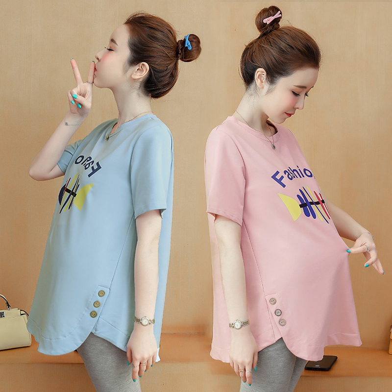 Maternity Summer Outfit Set, Fashionable Loose Short-Sleeved Pure Cotton T-Shirt Top, Summer Mid-Length Maternity Two-Piece Set