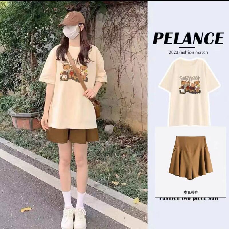 Maternity Summer Outfit Set, Fashionable 2026 New Style, Trendy Cartoon T-Shirt, Short-Sleeved Pure Cotton Top and Shorts Two-Piece Set