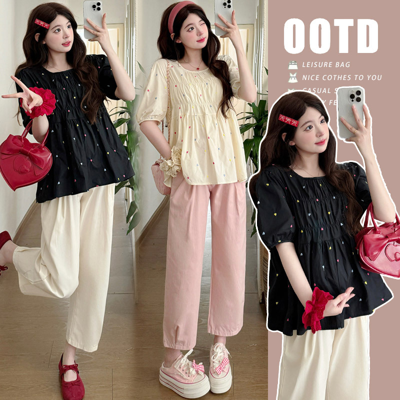 Maternity Wear Set Summer 2026 New Korean Style Loose Embroidered Heart Babydoll Top Harem Pants Two-Piece Set