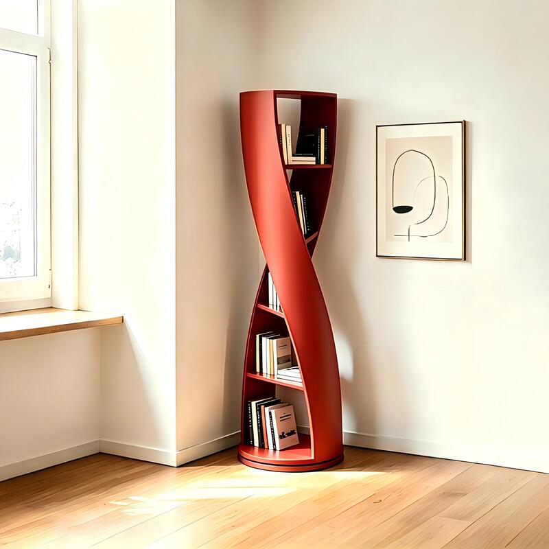 Burgundy Painted Bookshelf, Solid Wood Rotating Bookcase, Round Storage Rack, Modern Simple Special-Shaped Decorative Display Rack