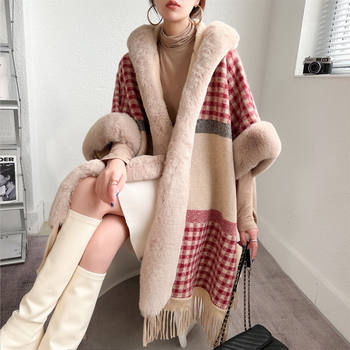 New temperament plaid plus velvet thick tassel shawl cloak coat large fur collar woolen coat trendy New Year cardigan