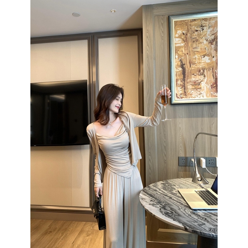 Casual Suit for Women, Autumn Knitted Camisole Cardigan, Wide-Leg Pants, Relaxed Fit, Fashionable Three-Piece Set for Summer