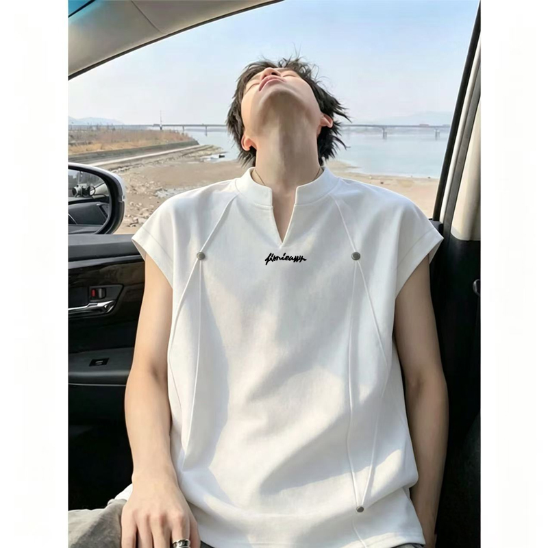 Rivet V-Neck Vest for Men, Solid Color, Thin Summer Style, American High Street, Cool and Loose, Sleeveless Casual T-Shirt