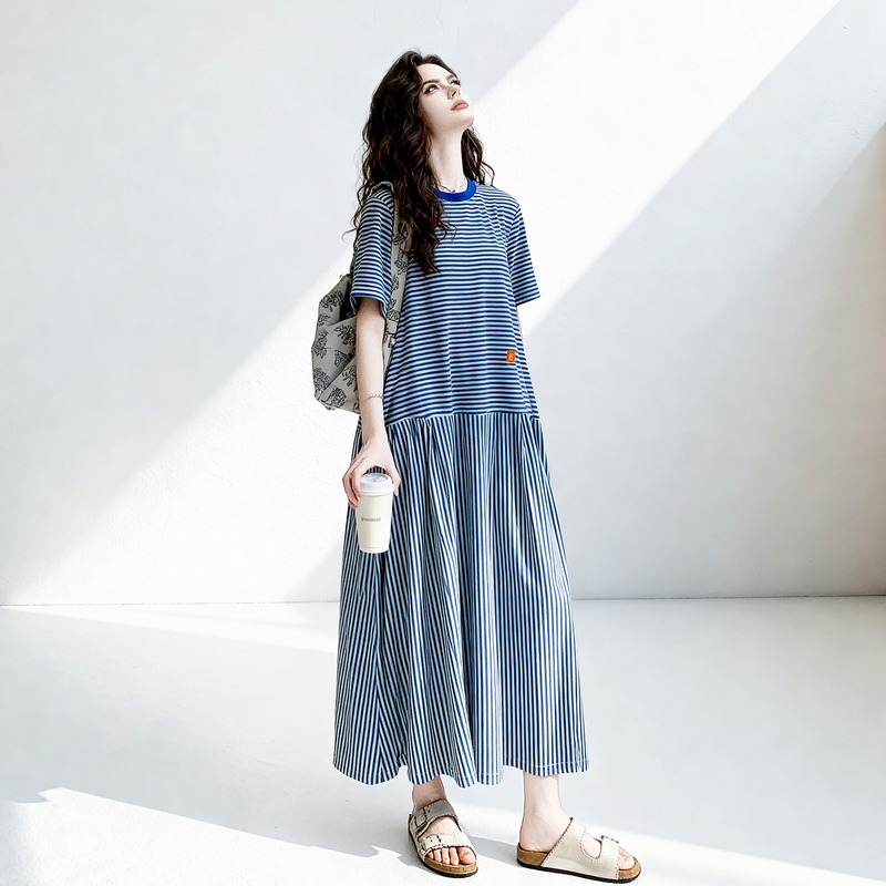 Relaxed Striped Dress for Women, Summer 2026 New Korean Style Loose Casual Plus Size Blue T-Shirt Straight Skirt Relaxed Striped Dress for Women, Summer 2026 New Korean Style Loose Casual Plus Size Blue T-Shirt Straight Skirt