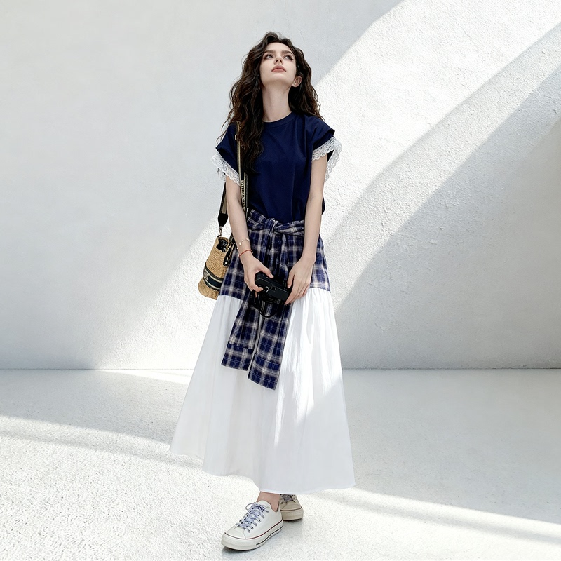 Unique Color-Blocked Plaid Patchwork Dress for Women, Summer 2026 New Style, This Year's Trendy Loose Casual Long Dress