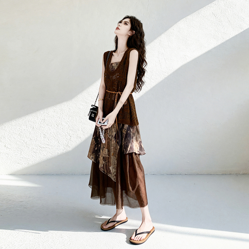 Unique and Beautiful Hollow Lace Vest Dress Set for Women, Summer 2026 New Bohemian Dress Two-Piece Set