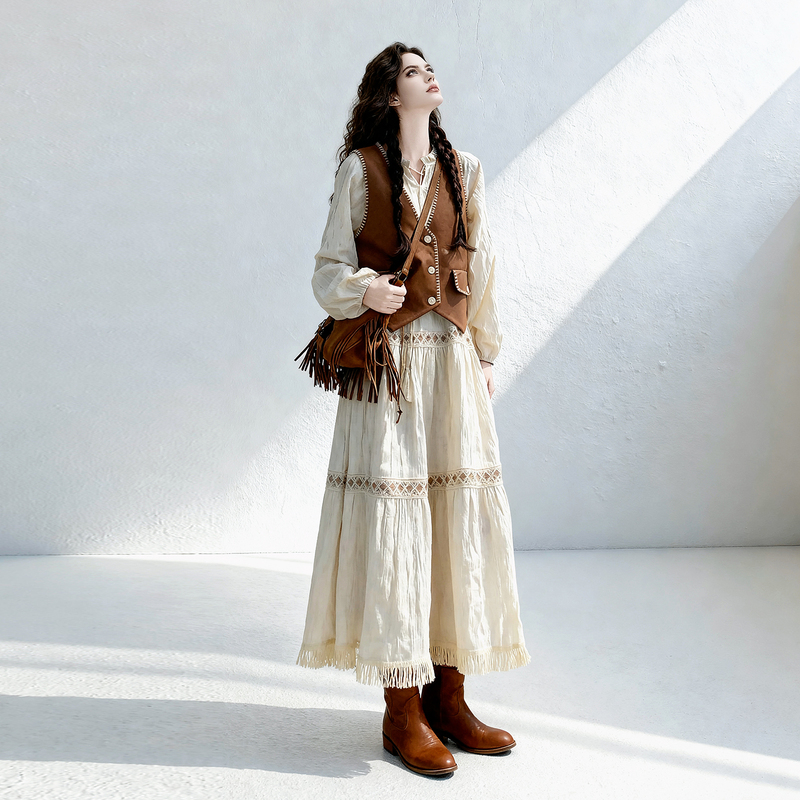 Gorgeous Tassel Vest Dress Set for Women, 2026 Autumn New Bohemian Style Long Skirt Two-Piece Set