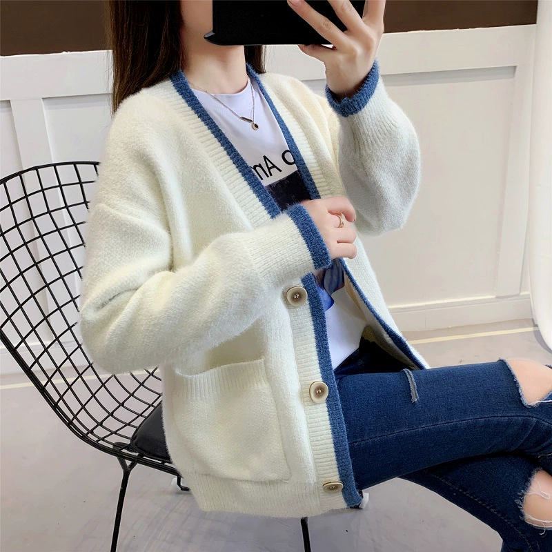 Mùa thu đông mới Hàn Quốc áo khoác nhung chồn dày của phụ nữ lỏng lẻo đan áo len dệt kim ngắn áo len nữ - Áo len cổ chữ V
