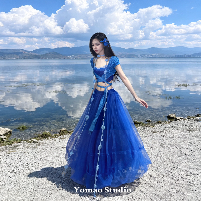 Klein Blue Dress Set Long Skirt for Travel and Photography in Jiuzhaigou, Yunnan, and Saizimuk Lake, Xinjiang