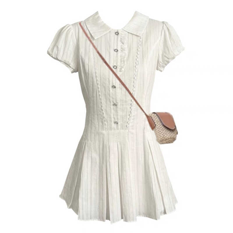 In-Stock Sweet and Spicy Design White Dress A-Line Skirt Short-Sleeve Shirt Dress Commuter Preppy Style Hot Girl Tea Break Dress