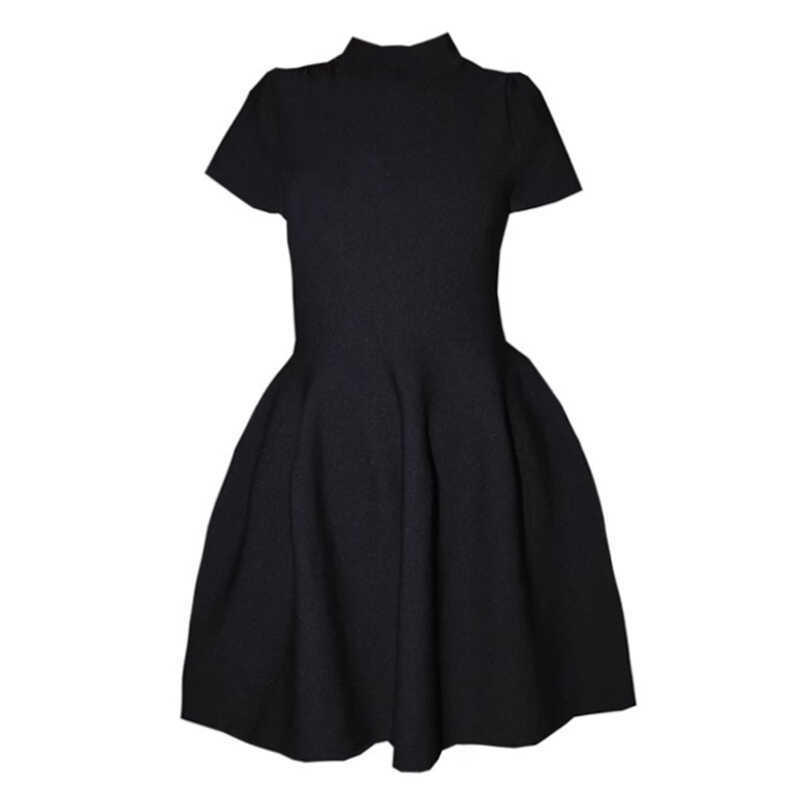 LAOSHU Hepburn-Style Waist-Cinching Short-Sleeved Knitted Dress for Women, Black Slimming A-Line Puffy Skirt, Elegant Little Black Dress for Women