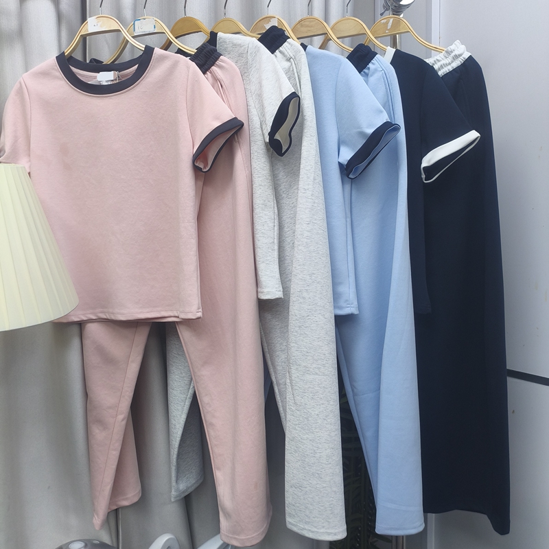 C3385/Korean Style Contrasting Color Air Layer Short-Sleeved Long Pants Casual Suit Bxt628222E