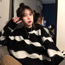 Port Taste Comeback Spotted sweaters Loose 100 Lapped Winter Thicken Korean version of headsets Long sleeves Furry Blouses